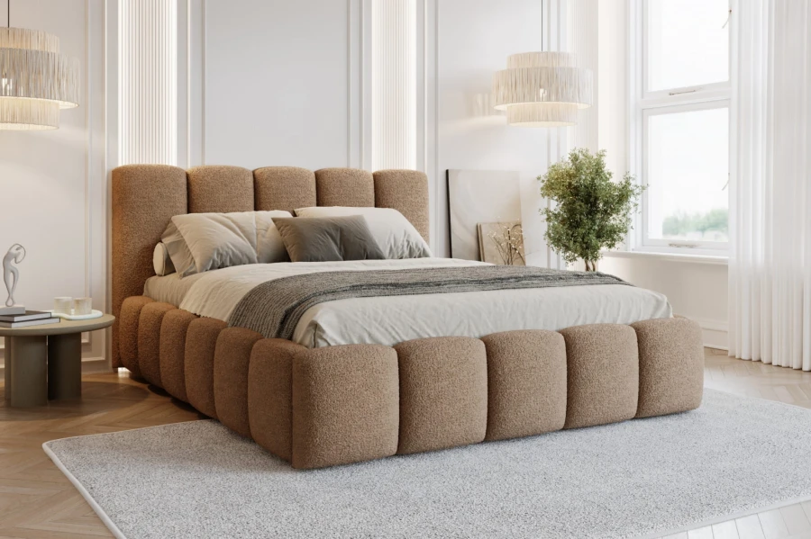 Gemütliches Polsterbett in Beige mit Bouclé-Bezug im modernen Schlafzimmer-Ambiente.