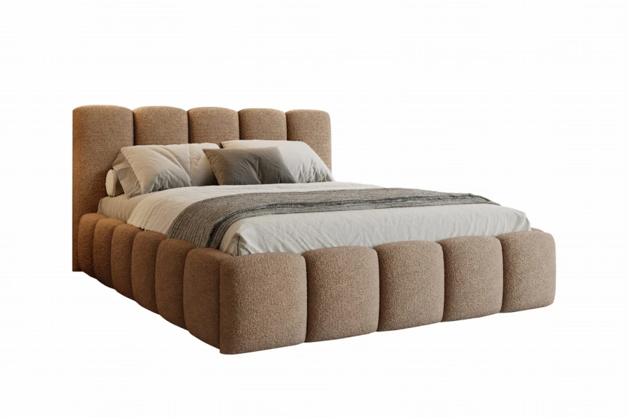 Beiges Bouclé-Polsterbett mit segmentiertem Design, freigestellt auf weißem Hintergrund.