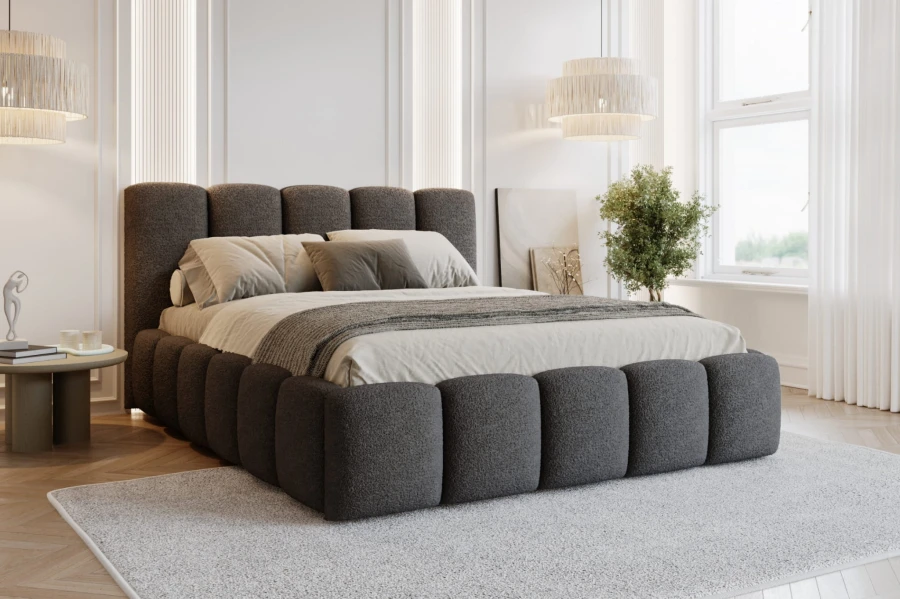 Modernes graues Polsterbett in minimalistischem Schlafzimmer-Design