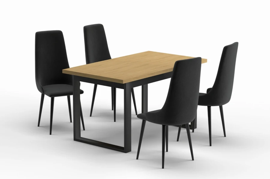 Essgruppe mit Holztisch und 4 schwarzen Stühlen, elegantes Design mit schwarzem Metallgestell.