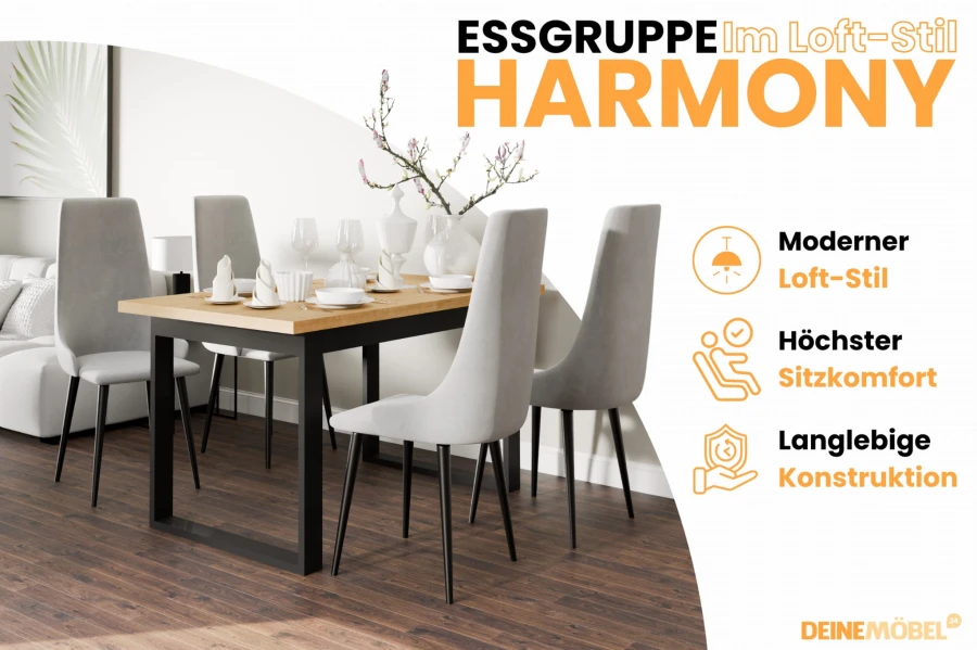 Essgruppe HARMONY im Loft-Stil mit grauen Stühlen und langlebiger Konstruktion von DeineMöbel24.