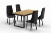 Modernes Esszimmerset: Holztisch mit schwarzen Metallbeinen und vier dunkelgrauen Stühlen.