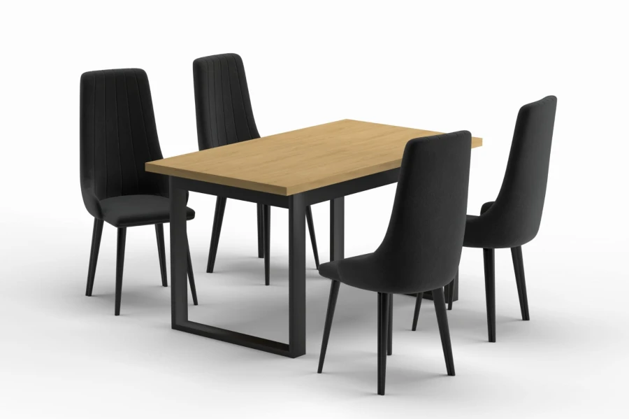 Modernes Esszimmerset: Holztisch mit schwarzen Metallbeinen und vier dunkelgrauen Stühlen.