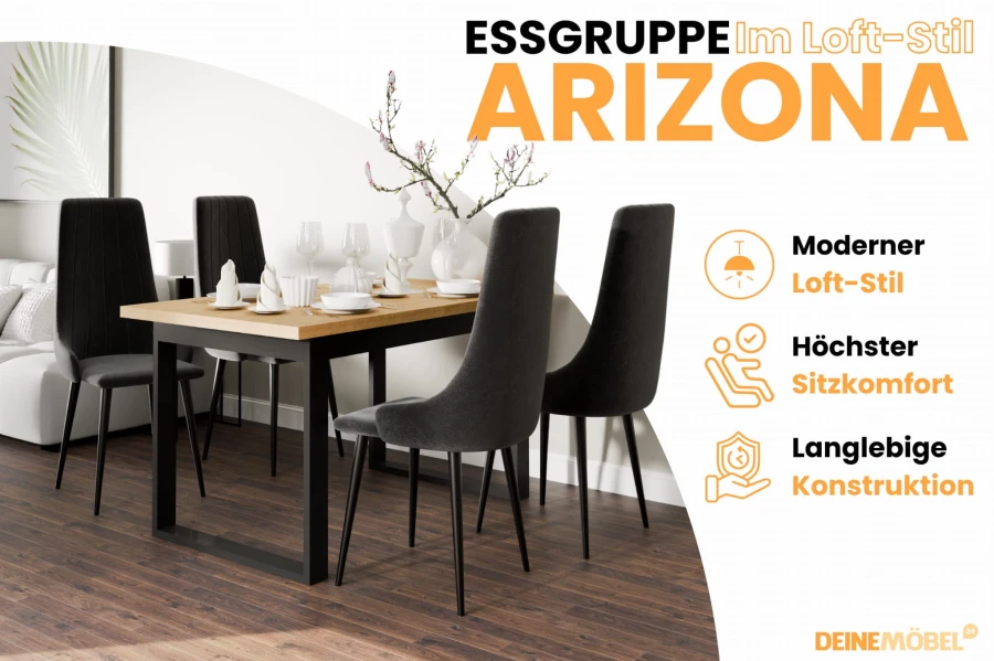 Essgruppe Arizona im Loft-Stil mit Holztisch, dunklen Stühlen und Produktvorteilen.