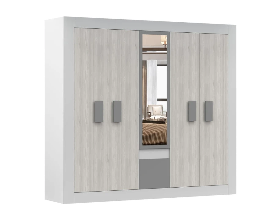 Großer 6-türiger Kleiderschrank in weißer und grauer Holzoptik mit integriertem Spiegel.
