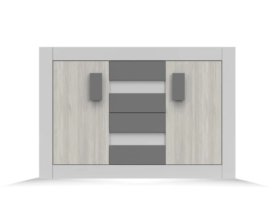 Frontansicht eines modernen Sideboards in Weiß und Grau mit Holztüren.