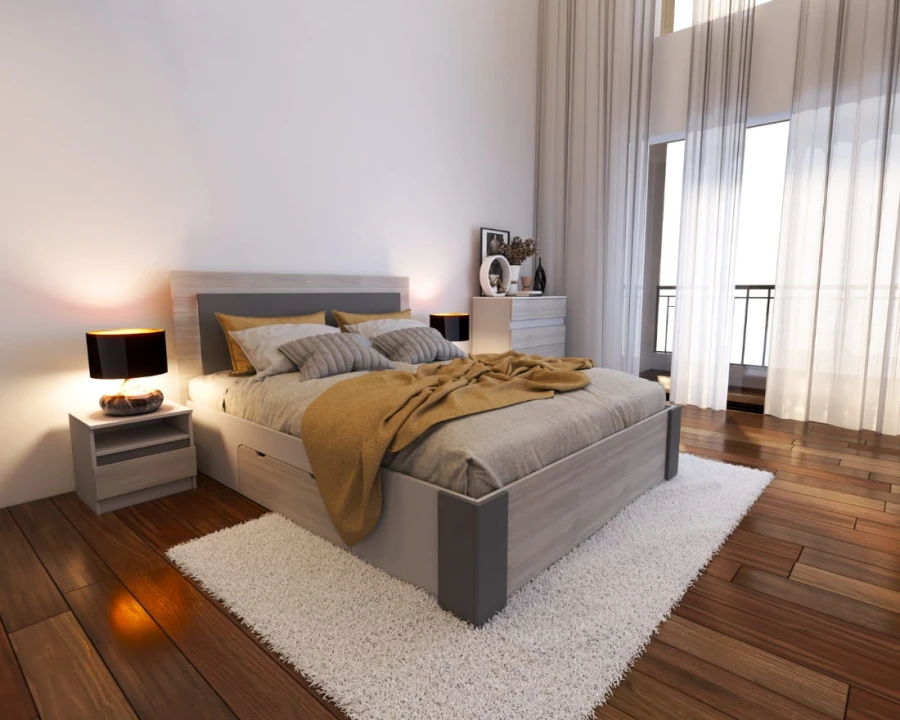 Modernes Schlafzimmer mit gemütlichem Doppelbett, weißem Hochflorteppich und Nachttischen.