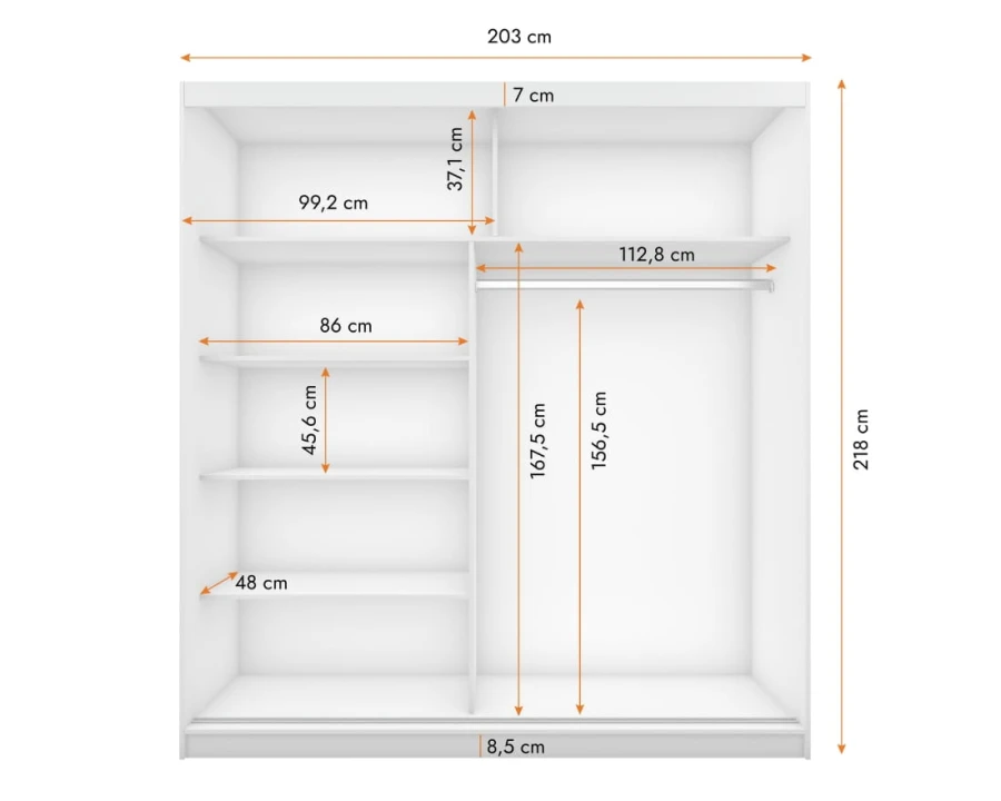 Technische Maße Kleiderschrank 203 cm breit, Innenansicht mit Fachböden.