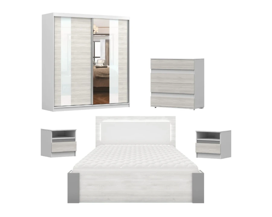 Komplettes Möbelset für Schlafzimmer: Bett, Spiegelschrank und Kommode in Weiß.