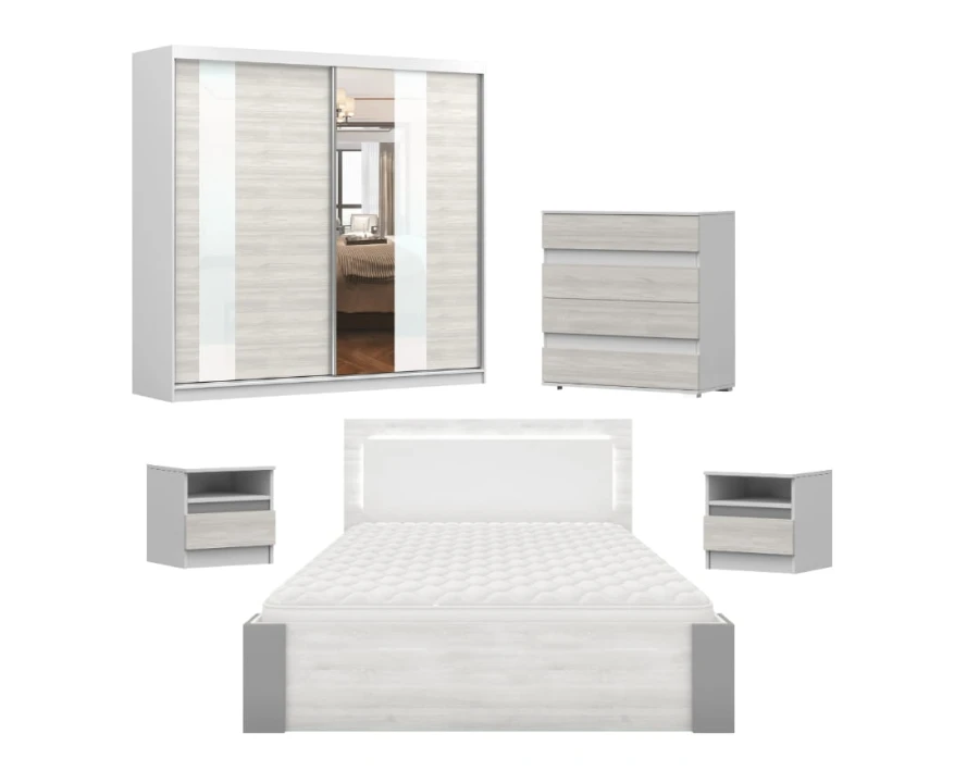 Komplettes Schlafzimmer-Set Heaven in Weiß und Eiche mit Bett, Schrank, Kommode und Nachttischen.