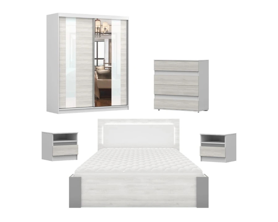Komplettes Schlafzimmermöbel-Set Heaven in Weiß und Eiche inklusive Bett und Schrank