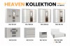 Produktübersicht der Heaven Kollektion mit Abmessungen für Schränke, Kommoden und Bettgestelle.