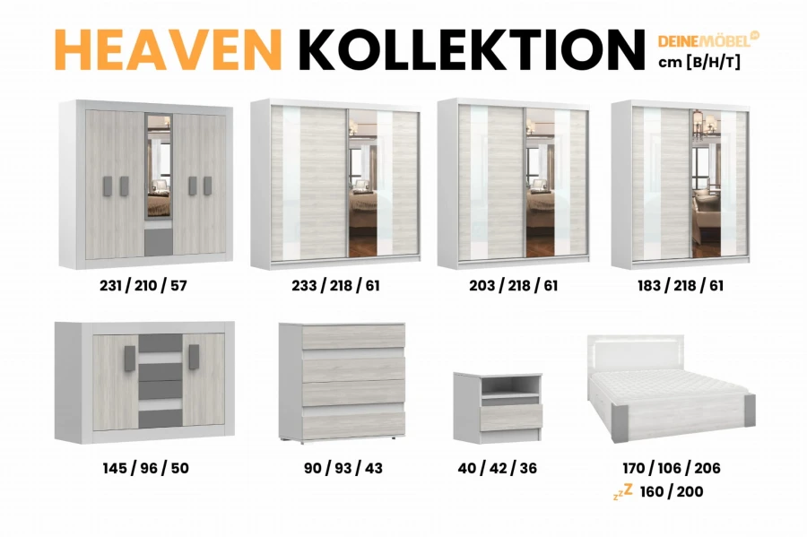 Schlafzimmermöbel-Set der Heaven Kollektion mit Schränken, Kommoden und Bett inklusive Maßen.