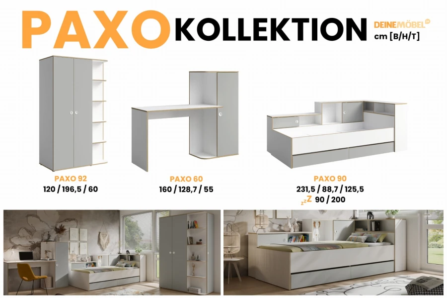 Paxo Kollektion: Jugendmöbel-Set mit Kleiderschrank, Schreibtisch und Funktionsbett in Weiß-Grau.