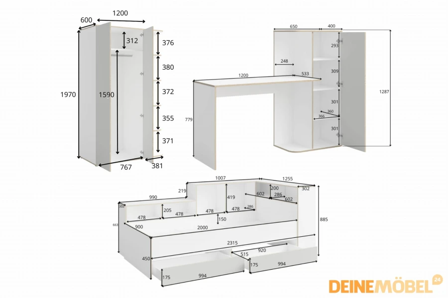 Abmessungen für Jugendzimmer-Möbel: Schrank, Schreibtisch und Bett mit Stauraum.