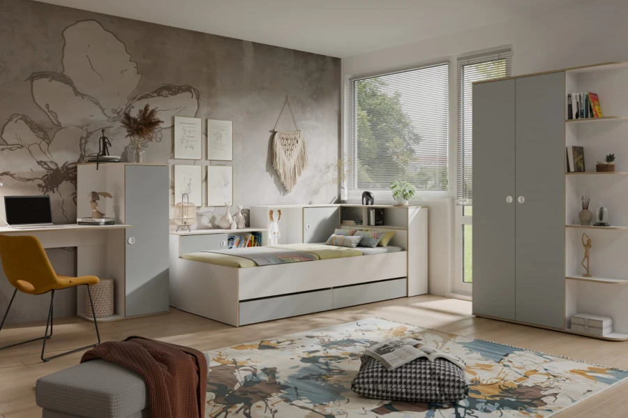 Komplettes Jugendzimmer-Set in Grau-Weiß mit Bett, Schreibtisch und großem Kleiderschrank.