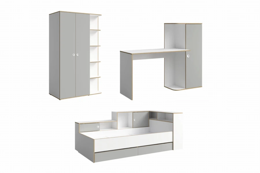 Möbelset für Jugendliche: Kleiderschrank, Schreibtischkombination und Funktionsbett.