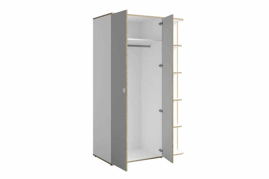 Geöffneter grauer Kleiderschrank mit Kleiderstange und seitlichen Regalböden.