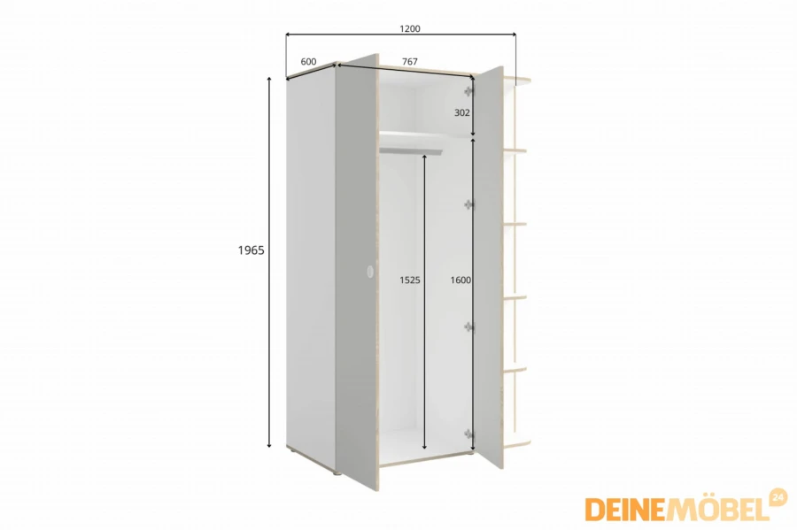 Technische Zeichnung mit Maßen für einen zweitürigen Kleiderschrank mit Seitenregal.