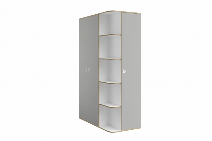 Grauer Kleiderschrank mit seitlichen Regalfächern und modernem Design für das Kinderzimmer.