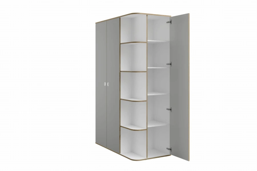 Geöffneter grauer Kleiderschrank mit Einlegeböden und viel Stauraum für Kleidung.
