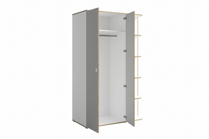 Moderner Kleiderschrank in Grau und Eiche, geöffnet mit Kleiderstange und Fachboden.