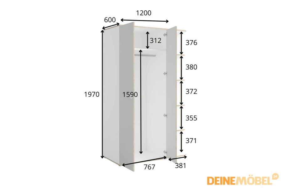 Detaillierte Maßangaben für Kleiderschrank-Innenraum mit Kleiderstange.