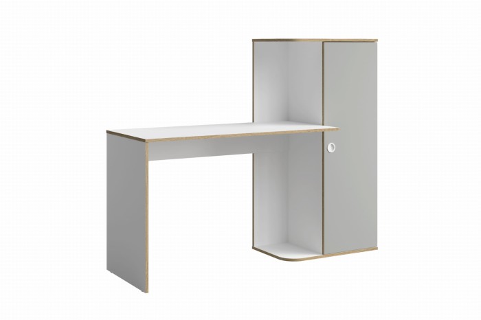 Moderne Schreibtisch-Kombination in Grau und Weiß mit geschlossenem Schrank.