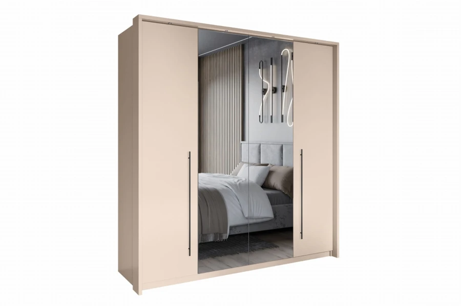 Moderner Kleiderschrank Sava in Beige mit zwei Spiegeltüren und schwarzen Griffen.