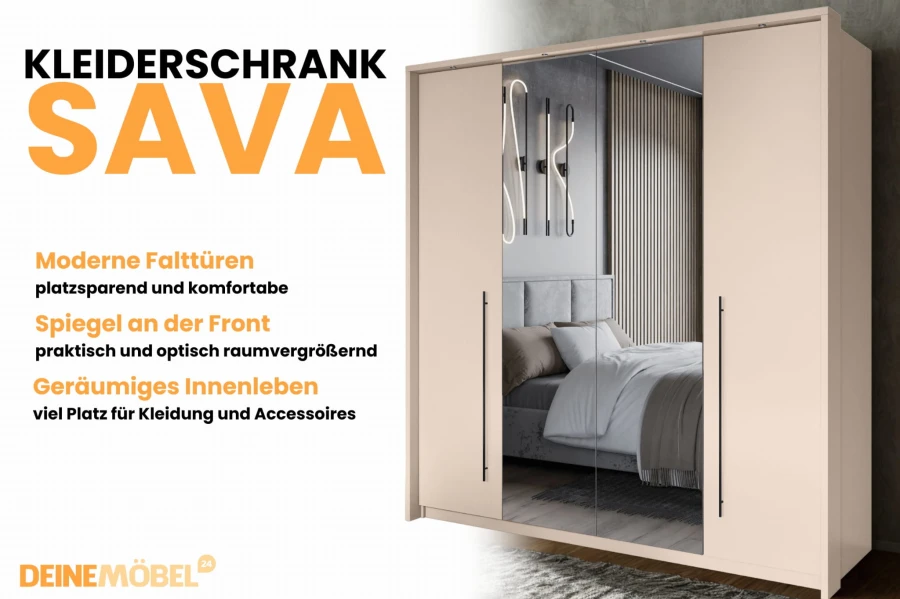 Produktvorteile des Kleiderschranks Sava: Moderne Falttüren, Spiegel und viel Stauraum.