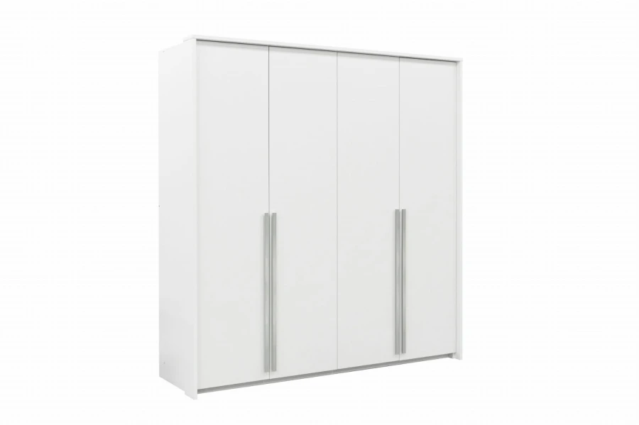 Weißer Schlafzimmerschrank mit vier Türen und schlichten silbernen Griffen.