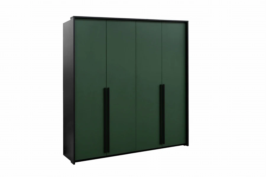 Dunkelgrüner Kleiderschrank 4-türig mit eleganten schwarzen Akzenten.