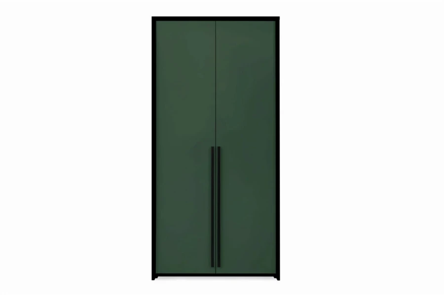 Dunkelgrüner Kleiderschrank mit zwei Türen und eleganten schwarzen Metallgriffen.