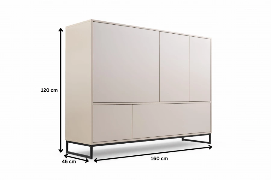 Produktmaße des Highboards: 120 cm Höhe, 160 cm Breite und 45 cm Tiefe.