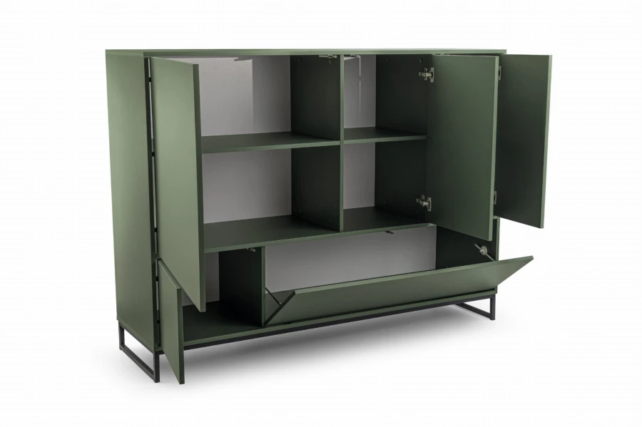 Dunkelgrünes Highboard geöffnet mit Sicht auf Innenfächer, schräg von der Seite.