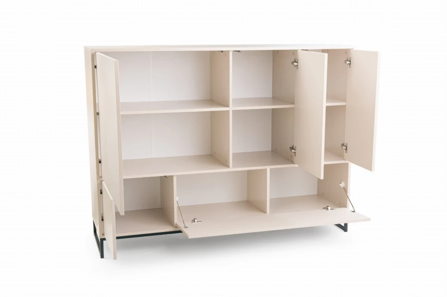 Beiges Sideboard mit offenen Türen und Klappfach, Stauraum für Wohn- oder Esszimmer.