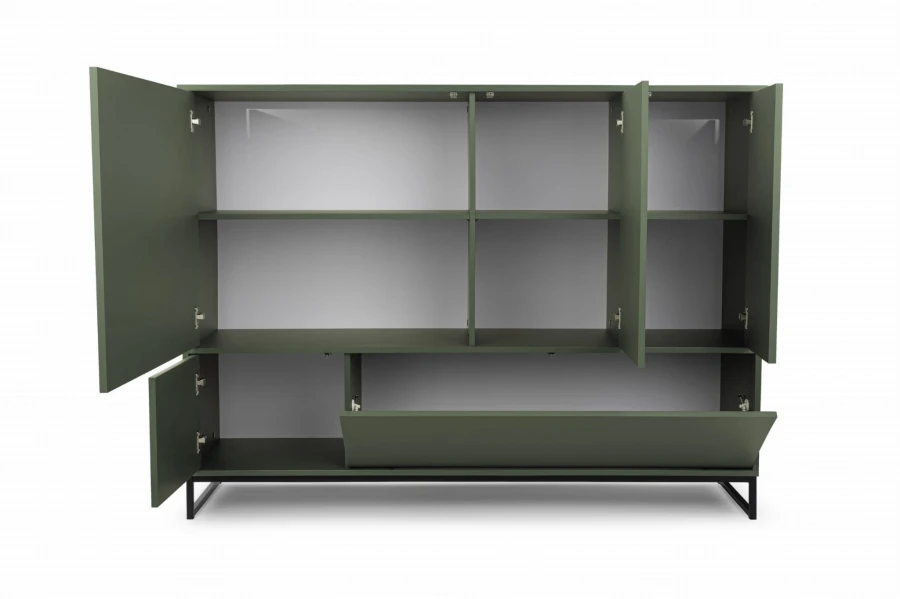 Grünes Highboard offen, Frontansicht der Regaleinteilung mit Metalluntergestell.