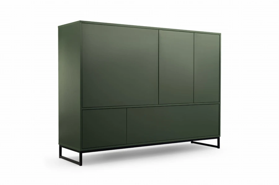 Modernes olivgrünes Sideboard auf schwarzen Metallfüßen für ein minimalistisches Interieur.