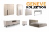 Geneve Kollektion: Übersicht moderner Möbel in Beige wie Kleiderschrank, Bett und Nachttisch.