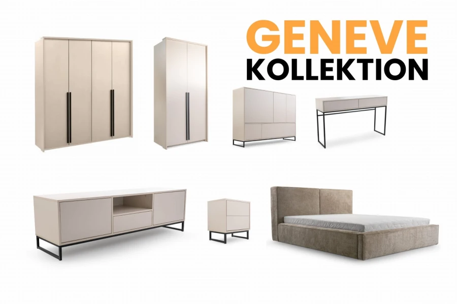 Geneve Kollektion: Übersicht moderner Möbel in Beige wie Kleiderschrank, Bett und Nachttisch.