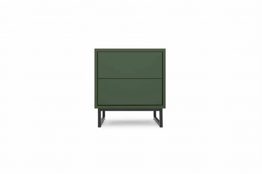Frontansicht eines modernen olivgrünen Nachtschranks mit minimalistischem Design.