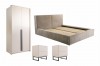 Schlafzimmerset mit beigem Kleiderschrank, Polsterbett und zwei passenden Nachtschränken.