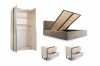 Funktionale Schlafzimmermöbel: Offener Schrank, Klappbett mit Stauraum und Nachtkonsolen.