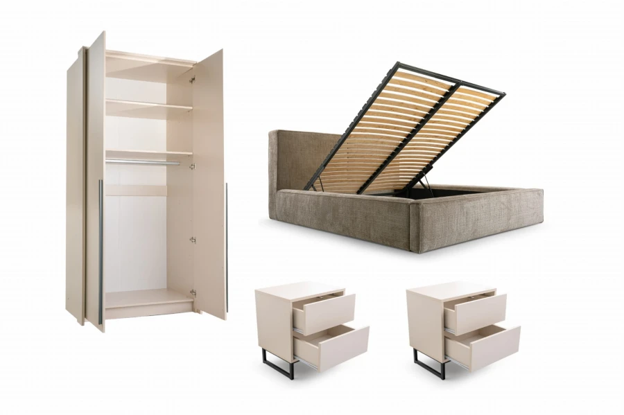 Funktionale Schlafzimmermöbel: Offener Schrank, Klappbett mit Stauraum und Nachtkonsolen.