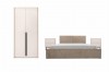 Modernes Schlafzimmer-Set in Beige mit Kleiderschrank, Polsterbett und zwei Nachtkommoden.