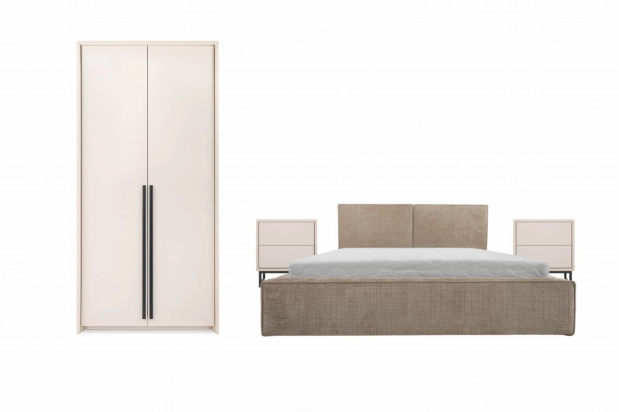 Modernes Schlafzimmer-Set in Beige mit Kleiderschrank, Polsterbett und zwei Nachtkommoden.