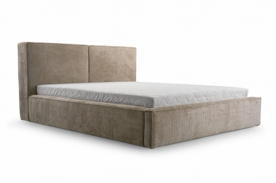 Modernes Polsterbett in Beige mit hohem Kopfteil und komfortabler Matratze.