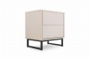 Moderne beige Nachtkonsole mit zwei Schubladen und schwarzem Metallfuß.