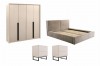 Schlafzimmerset mit Kleiderschrank, Polsterbett und zwei beigen Nachtkommoden.