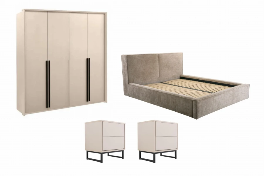 Schlafzimmerset mit Kleiderschrank, Polsterbett und zwei beigen Nachtkommoden.